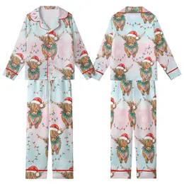 Festive Fluffy Highland Cow Calf: Whimsical Watercolor Art, Santa Hat, Teal Garland, Colorful String Lights & Snowflakes Design Kid Satin Pajamas Set