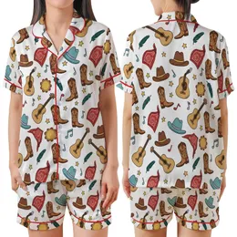 Western Spirit Whimsical Guitars Boots Stars Rustic Country Music Pattern Design Satin Short-Sleeve Pajamas Set
