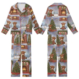 Highland Cow Christmas: Whimsical Fluffy Cow Pajamas, Tree & Fireplace Scene Kid Satin Pajamas Set
