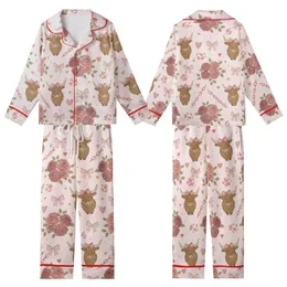 Fluffy Highland Cow Pastel Pink Rose Design with Leopard Hearts - Rustic Chic Wearable Art Kid Satin Pajamas Set