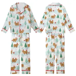 Cozy Holiday Loungewear: Whimsical Highland Cow Winter Wonderland, Snowy Hills & Santa Hats Kid Satin Pajamas Set