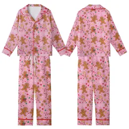 Whimsical Gingerbread Fun: Cheerful Characters, Candy Canes, Pink Gumdrop Swirls - Festive Item Kid Satin Pajamas Set
