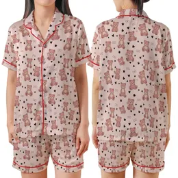 Sweetheart's Pale Pink Teddy Bear Heart Bow Star Scatter Design Cozy Wrap Satin Short-Sleeve Pajamas Set