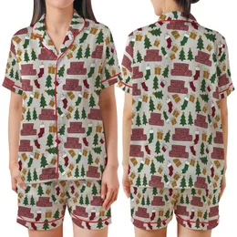 Festive Celebrator's Merry Christmas Text Tree Present Stocking All-Over Pattern Fabric Satin Short-Sleeve Pajamas Set