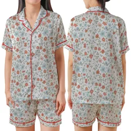 Delicate Floral Dream: Muted Terracotta Blue Pink Blossom & Vine Motif on Silver-Grey - Wearable Fabric Satin Short-Sleeve Pajamas Set