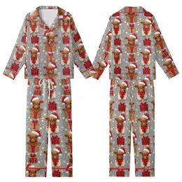 Fluffy Highland Calves: Red Santa Hats, Kraft Gift Boxes, Falling Snowflakes, Golden Bokeh Lights Kid Satin Pajamas Set