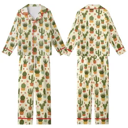Nature Lover's Stylized Potted Cacti & Succulent Motif with Muted Orange Flowers Kid Satin Pajamas Set