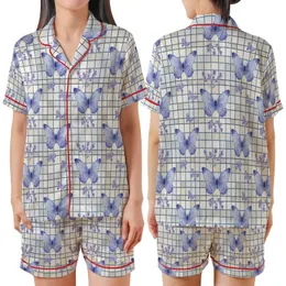 Elegant Periwinkle Lavender Butterfly & Soft Floral Muted Grid Pattern Satin Short-Sleeve Pajamas Set
