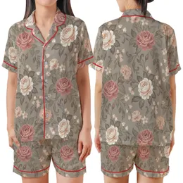 Women's Elegant Botanical Rose Garden Design: Dusty Rose Peach & Greige Blooms Satin Short-Sleeve Pajamas Set