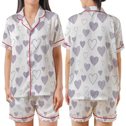 Gentle Soul Muted Lavender Striped Hand-Drawn Heart Comfort Wear Satin Short-Sleeve Pajamas Set