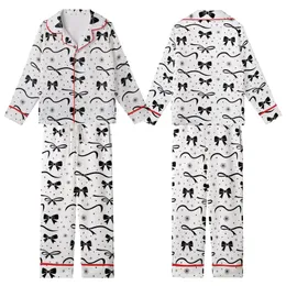 Elegant Black Bows & Flowing Ribbons Scattered Blouse with Star Accents Kid Satin Pajamas Set