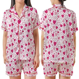 Whimsical Dreamer's Fuchsia Bubblegum Pink Hearts & Stars Floating Pattern Satin Short-Sleeve Pajamas Set