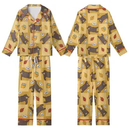Playful Bear Enthusiast Cartoon Bears, Honey Jars, Autumn Leaves Golden Sepia Checkerboard Pattern Kid Satin Pajamas Set
