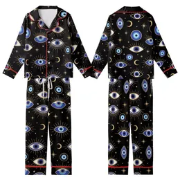 Mystical Evil Eye & Celestial Night: Deep Black, Royal Blue, Gold Moons & Stars Theme Kid Satin Pajamas Set