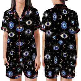 Mystical Evil Eye & Celestial Night: Deep Black, Royal Blue, Gold Moons & Stars Theme Satin Short-Sleeve Pajamas Set
