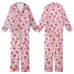 Red Strawberry, Pink Ribbon Bow & Fuchsia Heart Baby Pink Sleep Set Satin Short-Sleeve Pajamas Set