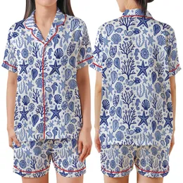 Oceanic Explorer's Hand-Drawn Indigo Blue & Sky Blue Seashell, Starfish, Coral Seaweed Pattern Wearable Satin Short-Sleeve Pajamas Set