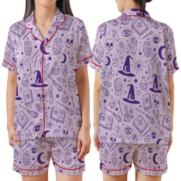 Fantasy Seeker Garment: Purple Occult Magic Pattern with Witch Hats, Crystal Balls & Skulls Satin Short-Sleeve Pajamas Set