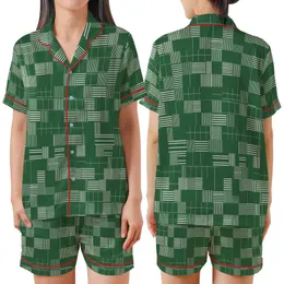 Modern Classic Style Deep Forest Green Geometric Tessellation Garment: White Stripes, Windowpane Grid Satin Short-Sleeve Pajamas Set