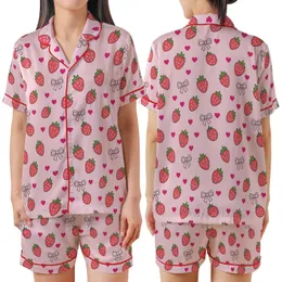 Red Strawberry, Pink Ribbon Bow & Fuchsia Heart Baby Pink Sleep Set Satin Short-Sleeve Pajamas Set