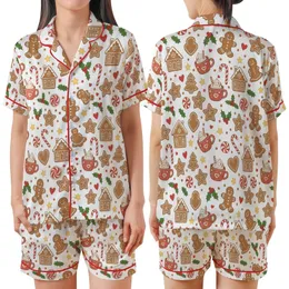 Whimsical Gingerbread Wonderland: Cookie, Candy Cane & Hot Cocoa Holiday Scatter Print Satin Short-Sleeve Pajamas Set