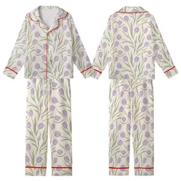Lavender Purple Tulips Olive Green Leaves Botanical Pattern on Cream Kid Satin Pajamas Set