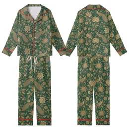Emerald Green Peacock Design: Gold Floral Clusters & Ivory Leaf Motifs – Classic Aesthetic Kid Satin Pajamas Set