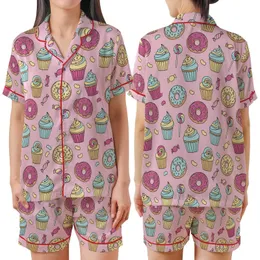 Whimsical Sweet Treat Hand-Drawn Donut Cupcake Candy Scatter Pastel Bubblegum Pink Top Satin Short-Sleeve Pajamas Set
