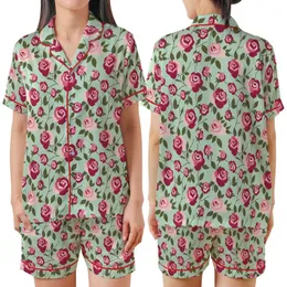 Women's Romantic Rose Garden: Pale Pink & Crimson Blooms with Olive Leaves on Light Mint Satin Short-Sleeve Pajamas Set