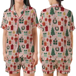 Whimsical Blush Pink Christmas: Nutcracker Tree Wreath Gift Red Gold Festive Pattern Satin Short-Sleeve Pajamas Set