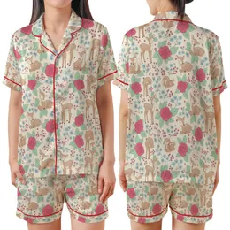 Gentle Spirit's Whimsical Fawn Hot Pink Rose Mint Leaf Blue Wildflower Pattern Satin Short-Sleeve Pajamas Set