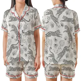 Leopard Lover: Dynamic Leaping Leopard Outline Print with Jungle Vines Off-White Statement Layer Satin Short-Sleeve Pajamas Set