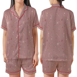 Gentle Spirit's Hand-Drawn Dusty Rose Botanical Floral Pattern Soft Style Piece Satin Short-Sleeve Pajamas Set