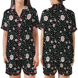 Elegant Botanical Hand-Drawn Blush Pink Peach White Teal Floral on Black Fashion Design Satin Short-Sleeve Pajamas Set