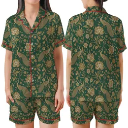 Emerald Green Peacock Design: Gold Floral Clusters & Ivory Leaf Motifs – Classic Aesthetic Satin Short-Sleeve Pajamas Set