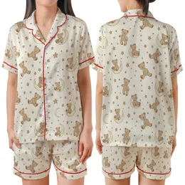 Whimsical Dreamer Cozy Sleep Set: Sleepy Teddy Bear & Celestial Moons Stars Pattern Satin Short-Sleeve Pajamas Set
