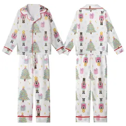 Women's Whimsical Pastel Watercolor Nutcracker Christmas Tree Star Snowflake Pattern Fuchsia Mint Blue Golden Yellow Kid Satin Pajamas Set