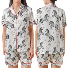 Equestrian Dream: Dynamic Etched Horses & Calla Lily Botanical Art Piece Satin Short-Sleeve Pajamas Set