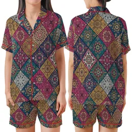 Bohemian Tessellating Diamond Mandala Floral | Rich Jewel Tone Satin Short-Sleeve Pajamas Set