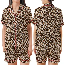 Wild Elegance Leopard: Fluid Organic Spots, Deep Chocolate Sepia, Creamy Beige, Painterly Highlights Satin Short-Sleeve Pajamas Set