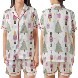 Women's Whimsical Pastel Watercolor Nutcracker Christmas Tree Star Snowflake Pattern Fuchsia Mint Blue Golden Yellow Satin Short-Sleeve Pajamas Set
