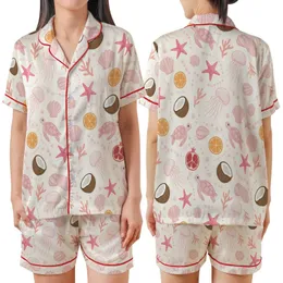 Whimsical Coastal Charm: Hand-Drawn Pink Sea Turtle, Starfish & Tropical Fruit Design on Cream Satin Short-Sleeve Pajamas Set