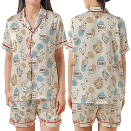 Whimsical Cartoon Ducks: Quacking Speech Bubbles, Sky Blue Tan Blobs - All-Over Pattern Satin Short-Sleeve Pajamas Set