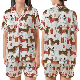 Dachshund Lover's Holiday Loungewear: Whimsical Dogs, Santa Hats, Lights, Gifts & Snowmen Pattern Satin Short-Sleeve Pajamas Set