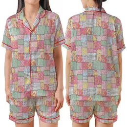 Pastel Dreamer's Patchwork: Intricate Paisley Floral Mosaic - Cheerful Wearable Art Satin Short-Sleeve Pajamas Set