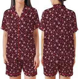 Vintage Charm: Maroon Rose & Berry Hand-Drawn Floral Motif Satin Short-Sleeve Pajamas Set