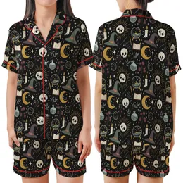 Witchy Cottagecore Dream: Whimsical Occult Moon Skull Potion Runes - Enchanting Design Satin Short-Sleeve Pajamas Set
