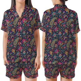 Cultural Art Enthusiast: Ornate Indian Paisley & Jewel Floral Scrollwork Rich Ornament Design Satin Short-Sleeve Pajamas Set