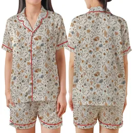 Women's Elegant Hand-Drawn Floral Branch & Bloom Motif Peach Blue-Grey Olive Tones Fabric Surface Design Satin Short-Sleeve Pajamas Set