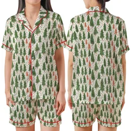 Whimsical Christmas Forest: Hand-Drawn Evergreen Trees, Painterly Green & Olive, Red Bows, Terracotta Dots Satin Short-Sleeve Pajamas Set